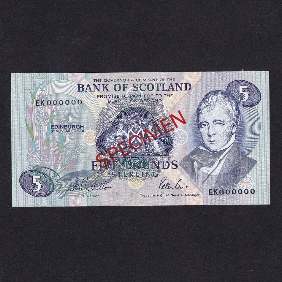 Scotland (P116b) £5 specimen, 6th November 1991, EK 000000, Pattullo/ Burt, BA115b, UNC