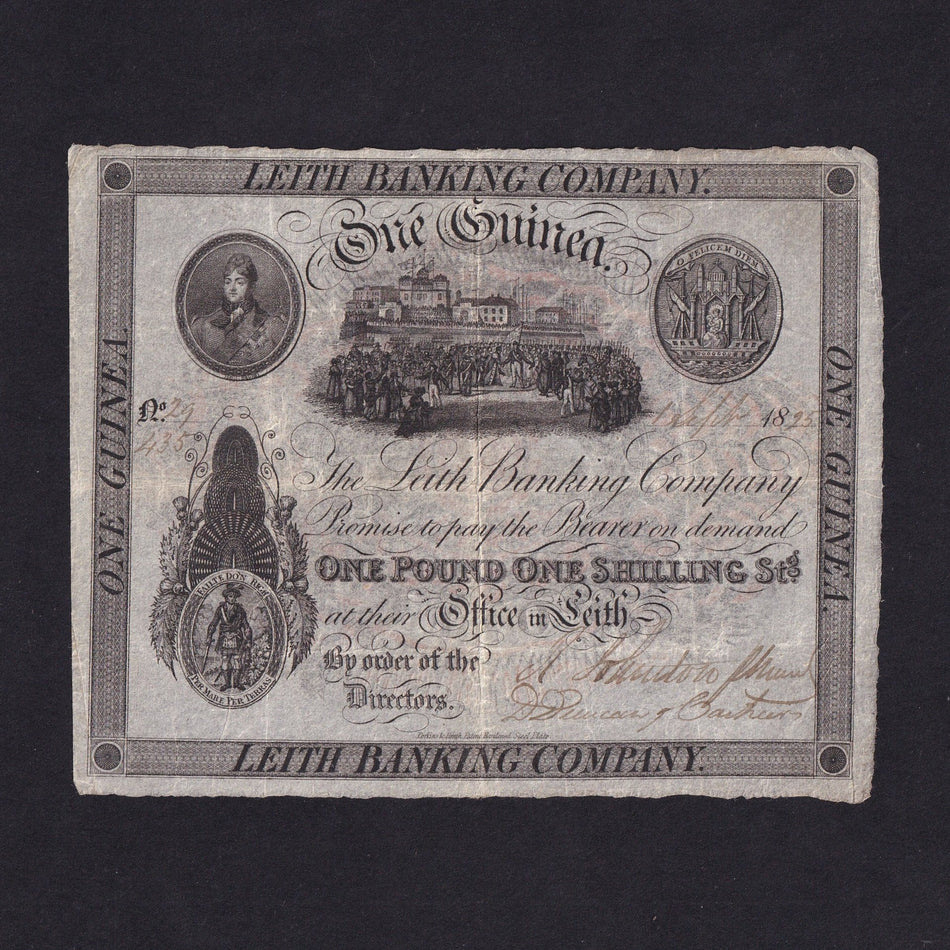 Scotland, Leith Banking Company, 1 Guinea, 1st September 1825, the first commemorative banknote issued for visit of George IV, no.29/435 (not listed serial), LB10, VF