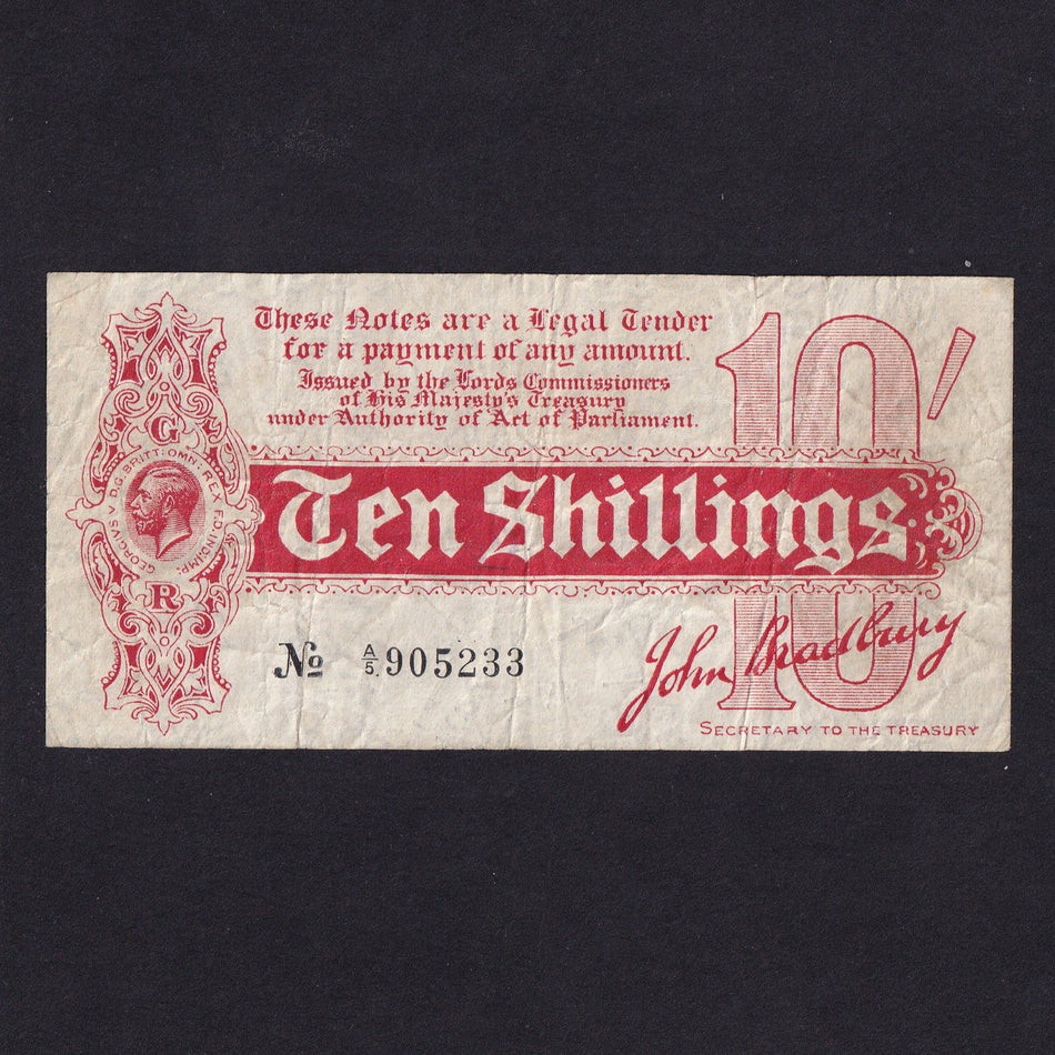 Treasury Series (T.9) Bradbury, 10 Shillings, 1914, 1st issue, A/5 905233, Fine