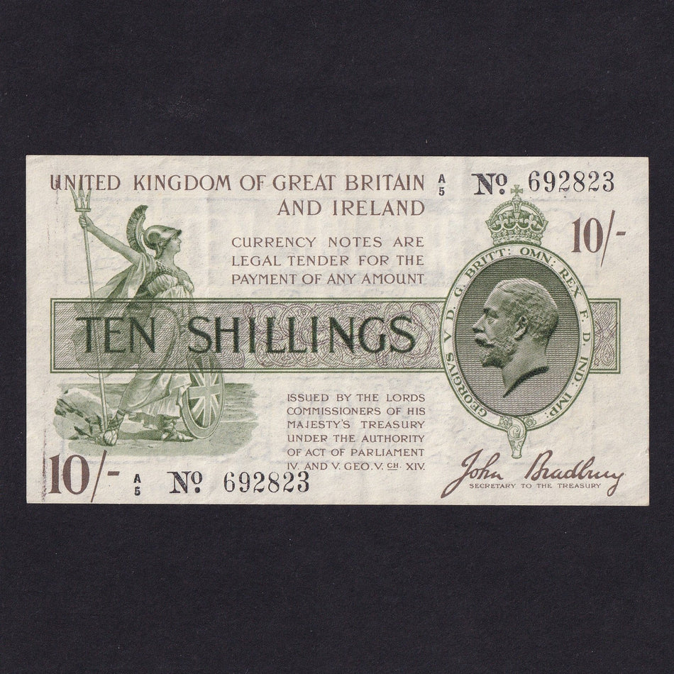 Treasury Series (T17) Bradbury, 10 Shillings, 3rd issue, A/5 692823, black dot, Good VF