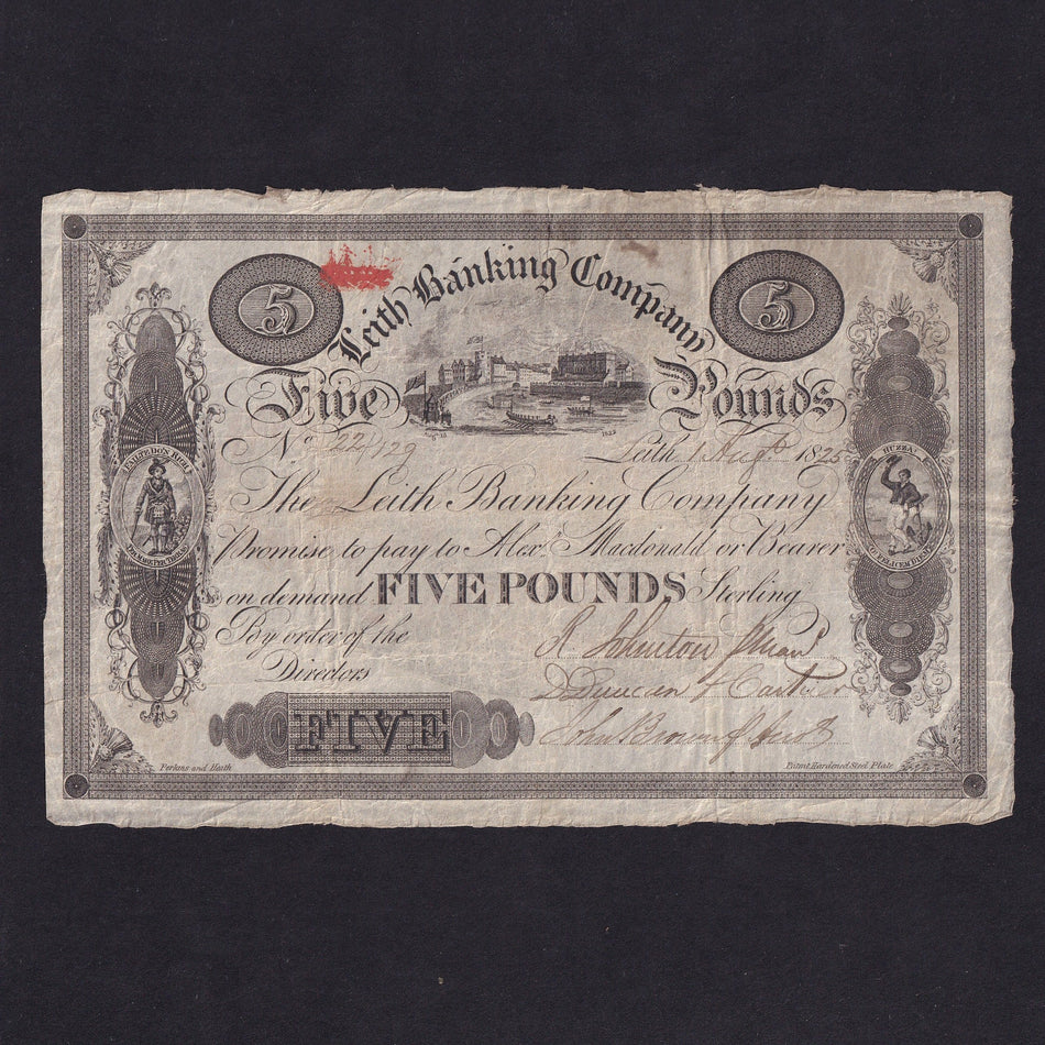 Scotland, Leith Banking Company, £5, 1st August 1825, no.22/129, 2nd commemorative banknote (with red ship control mark) issued for visit of George IV, royal barge entering Leith harbour, LB11, Good Fine