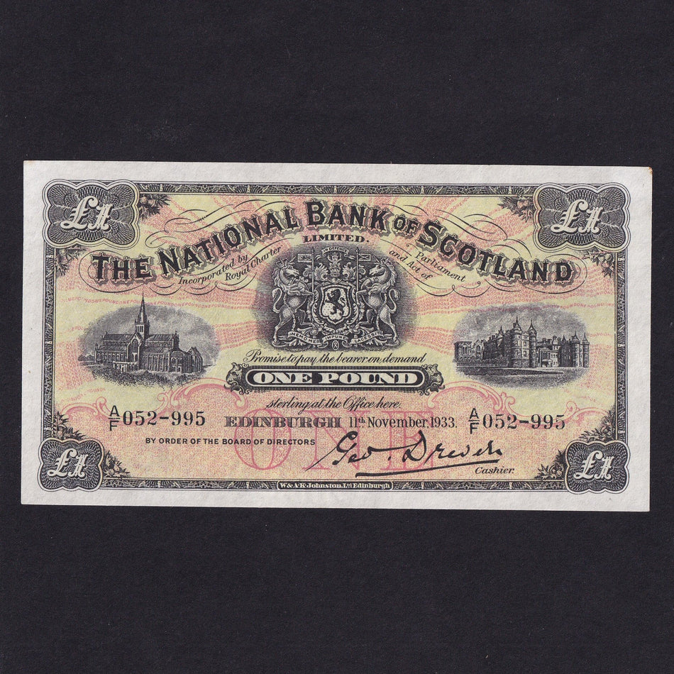 Scotland (P257) National Bank of Scotland, £1, 1st November 1933, Drever signature, A/F 052-995, W&AK Johnston, PMSNA45, expertly pressed, Good VF