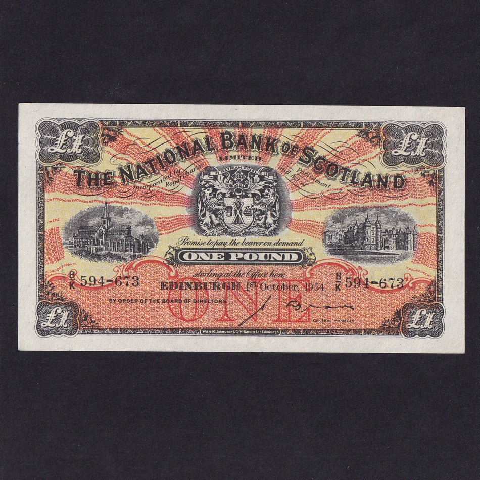 Scotland (P258c) National Bank of Scotland, £1, 1st October 1954, B/K 594 673, Brown signature, PMSNA49, last date, Good EF