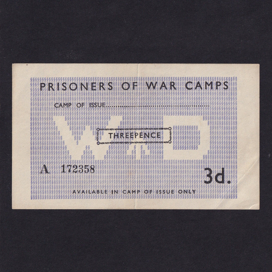 POW Camps for Axis, WW2, Threepence, no. A 172358, unissued, Campbell 5015b, Good VF