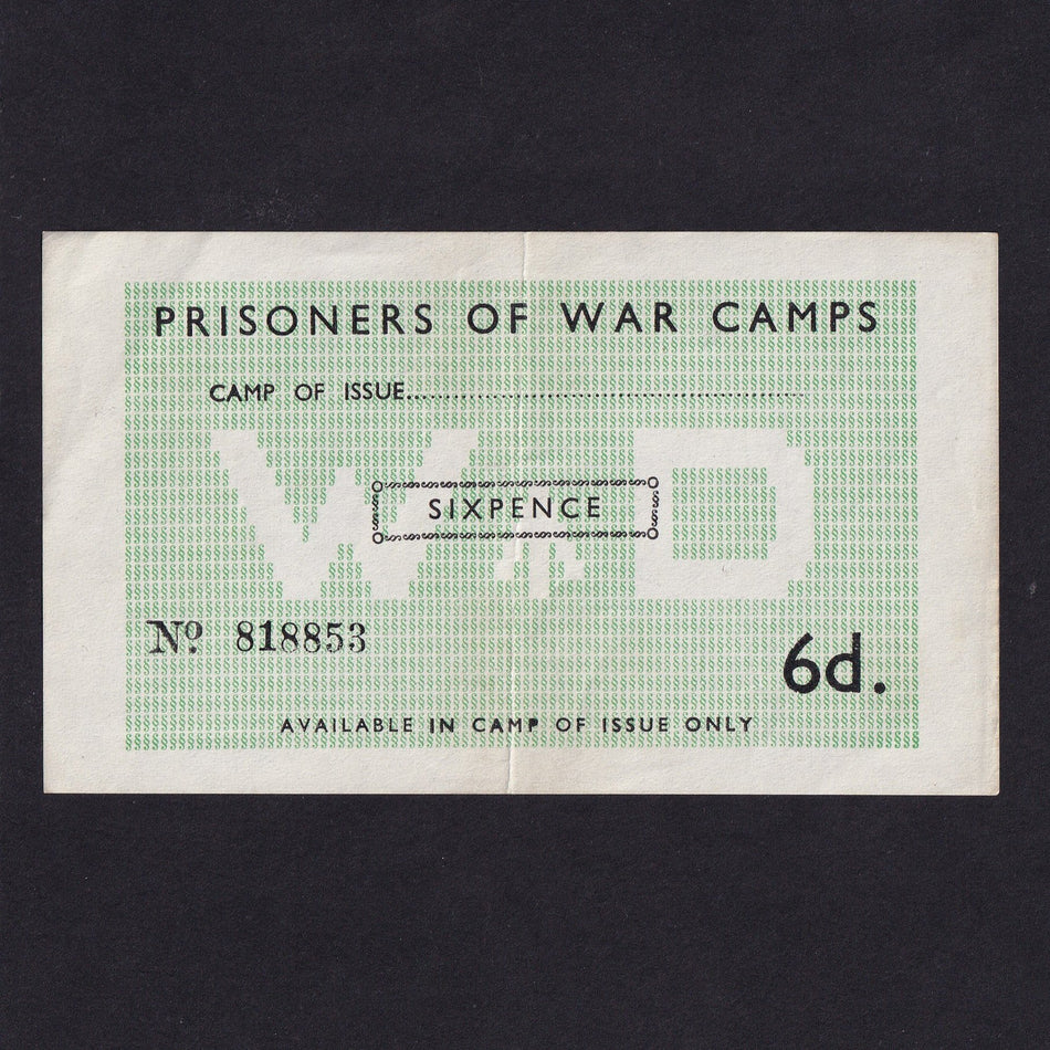 POW Camps for Axis, WW2, Sixpence, no. 818853, unissued, Campbell 5016a, A/EF