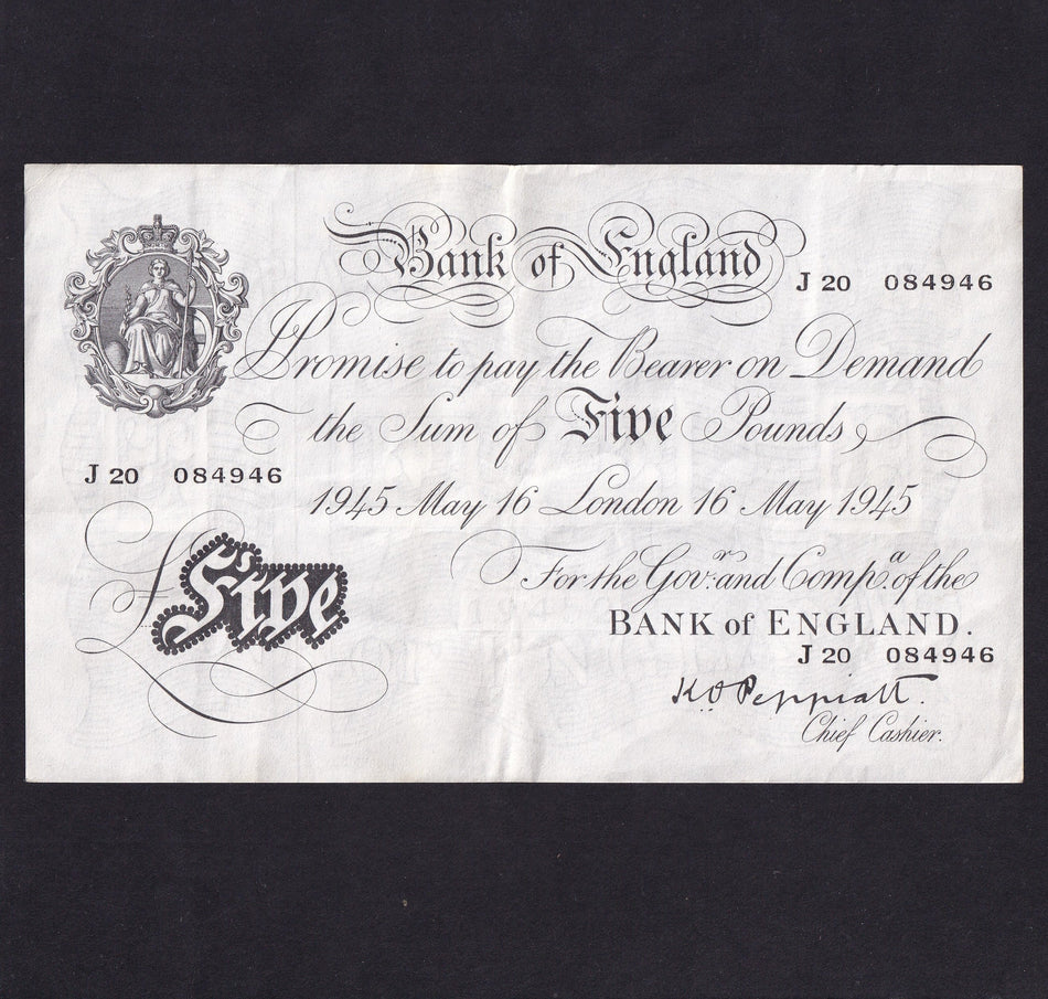 Bank of England (B255) Peppiatt, £5, 16th may 1945, J20 084946, Good VF