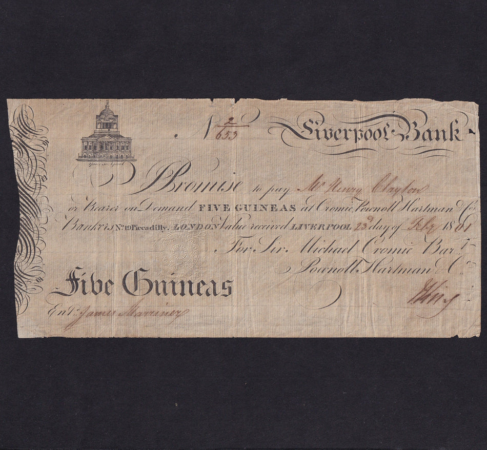 Provincial - Liverpool Bank, 5 Guineas, 1801, for Sir Michael Cromie etc., Outing 1209b, toned, Fine