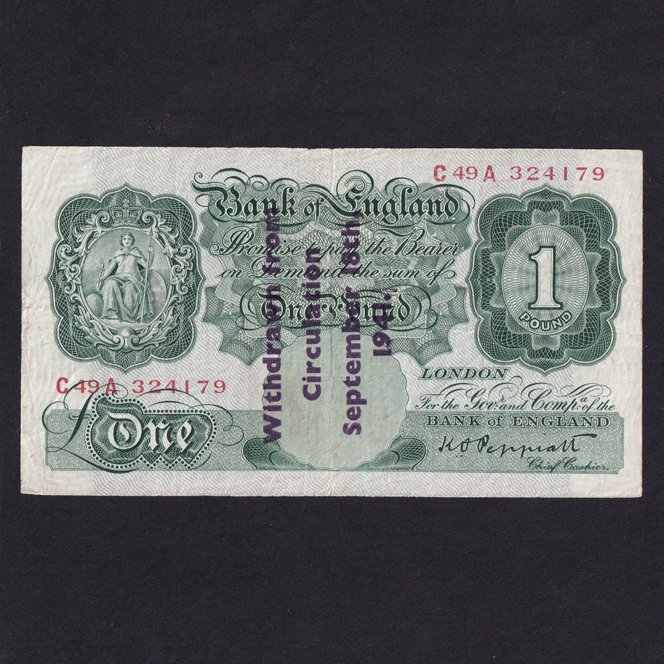 Bank of England (B239A) Peppiatt, £1, Withdrawn from circulation September 18th 1914 overprint, C49A 324179, Fine/VF