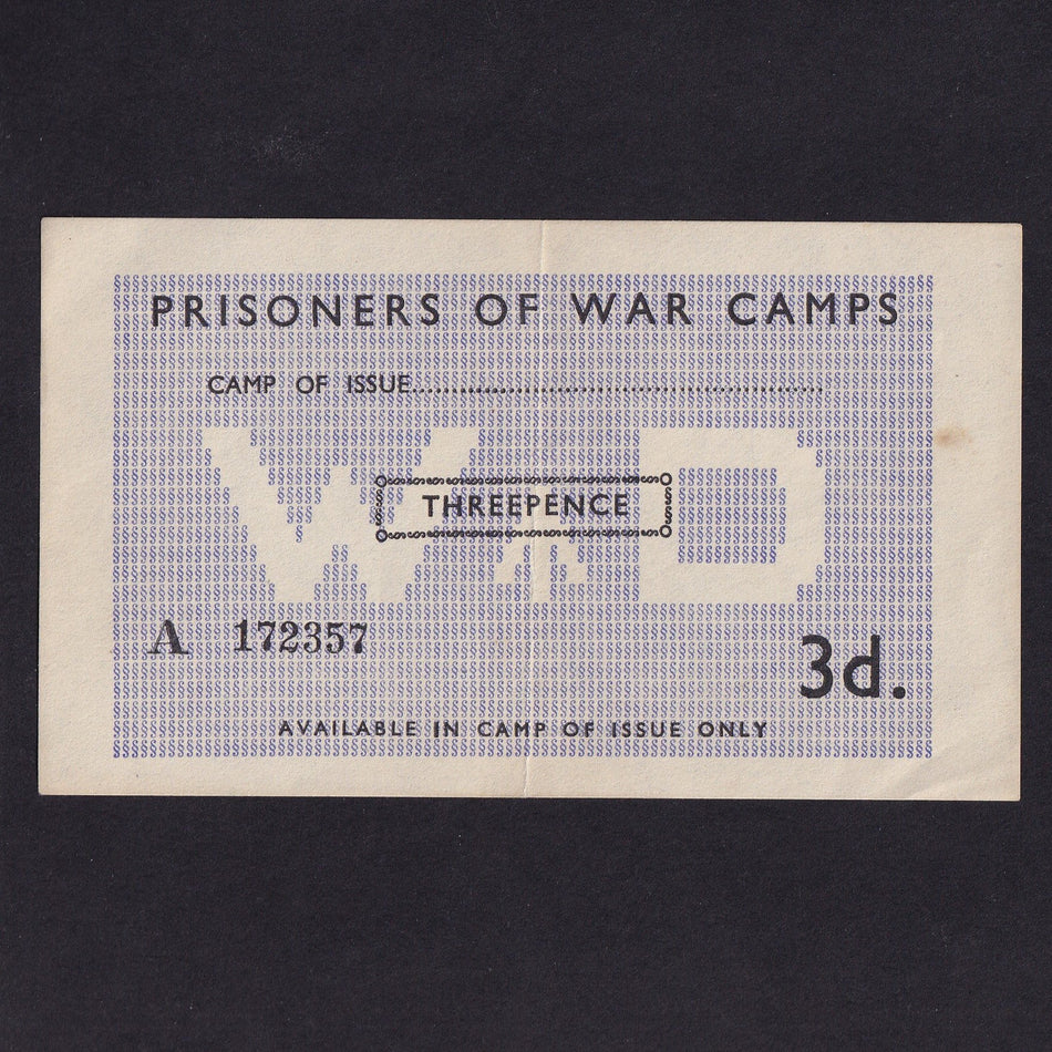 POW Camps for Axis, Threepence, WWII, A 172357, unissued, Campbell 5015b, Good VF