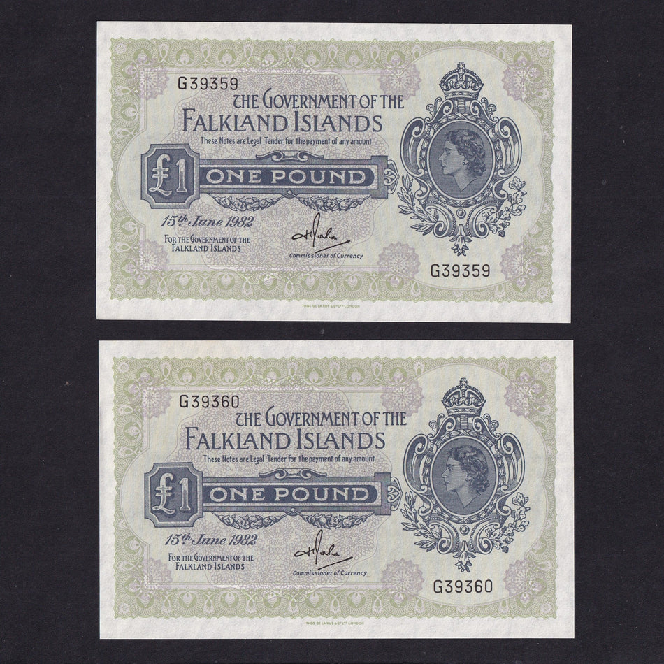 Falkland Islands (P.8e) £1 pair in sequence, 15th June 1982, G39359/60, A/UNC