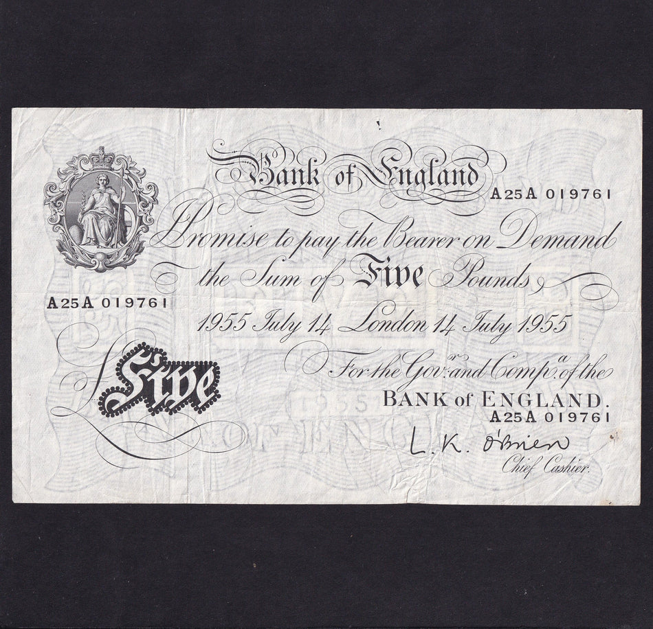 Bank of England (B276) O'Brien, £5, A25A 019761, staple holes & rust, VF