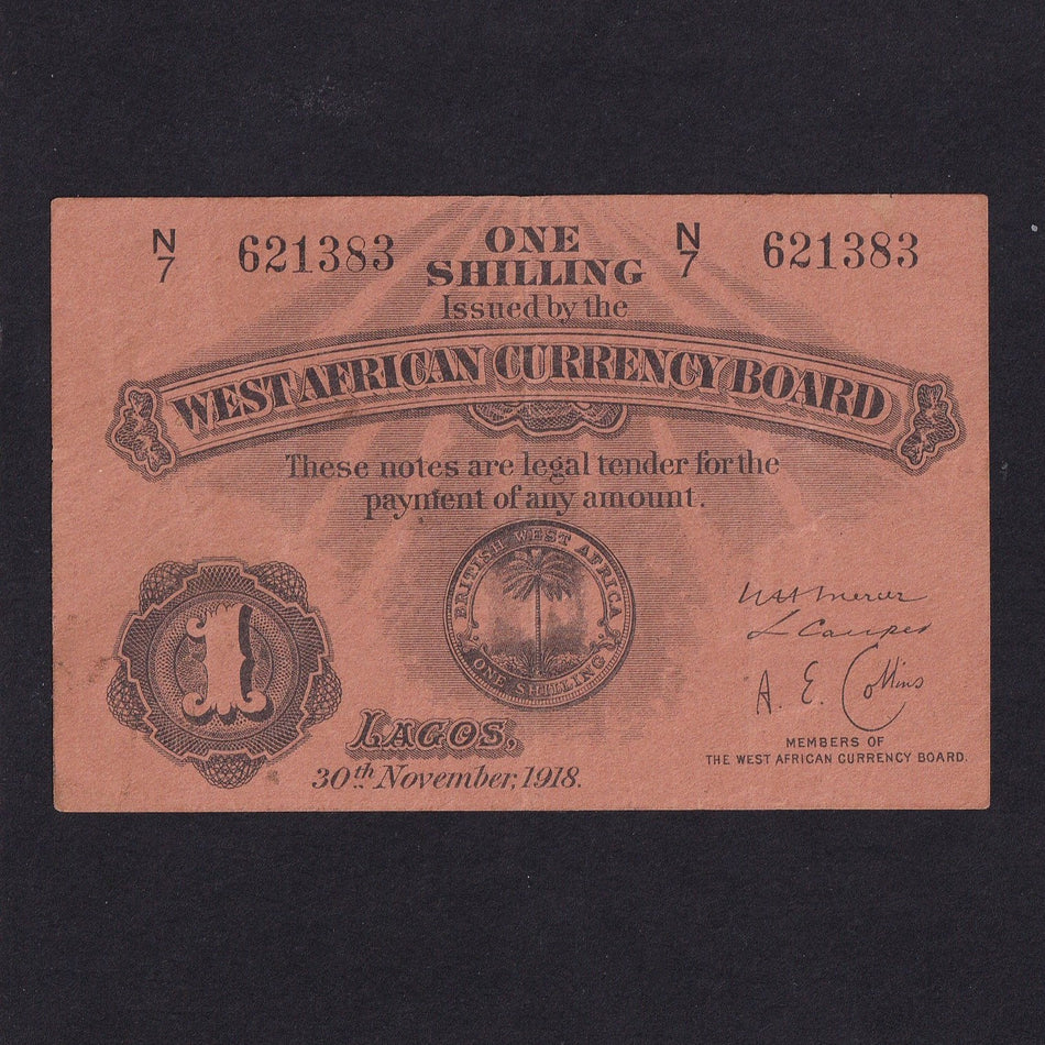 British West Africa (P.1a) 1 Shilling, Lagos, 30th November 1918, West African Currency Board, N7 621383, VF