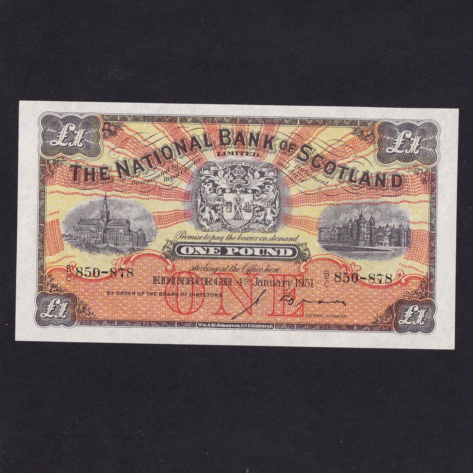 Scotland (P258b) National Bank of Scotland, £1, 4th January 1951, B/C 850878, Brown signature, PMSNA48, Good EF