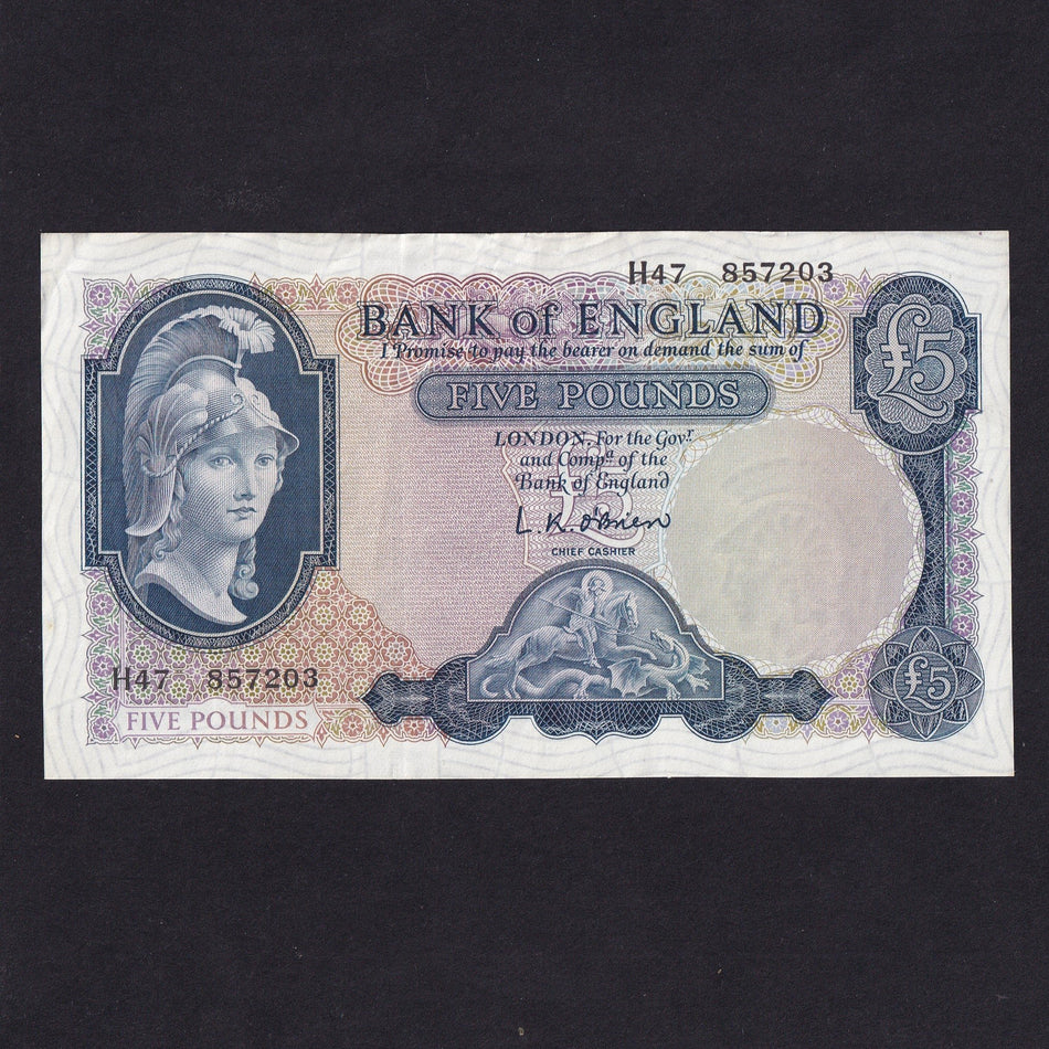 Bank of England (B280) O'Brien, £5, H--, first series, Good VF