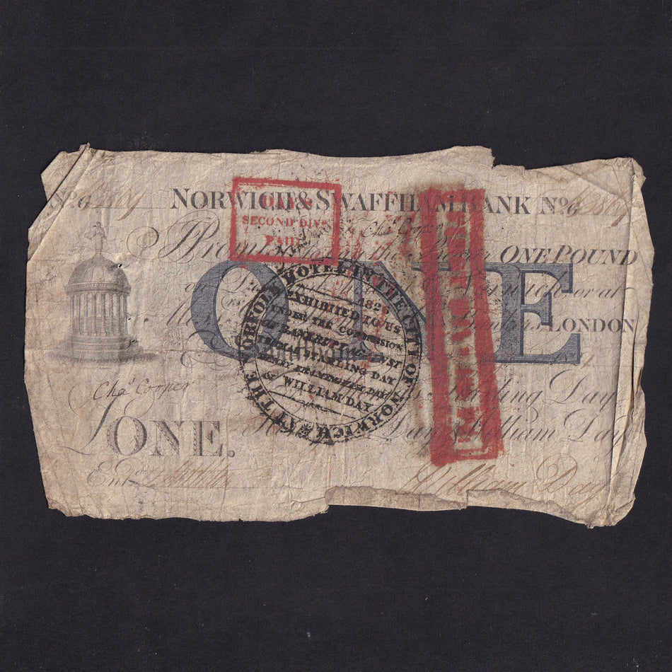 Provincial - Norwich & Swaffham Bank, £1, 1825, Outing 1609l, dividend stamps due to the holders being paid part of their money back over different payments due to the bank going bust 1825, Fine/ VF