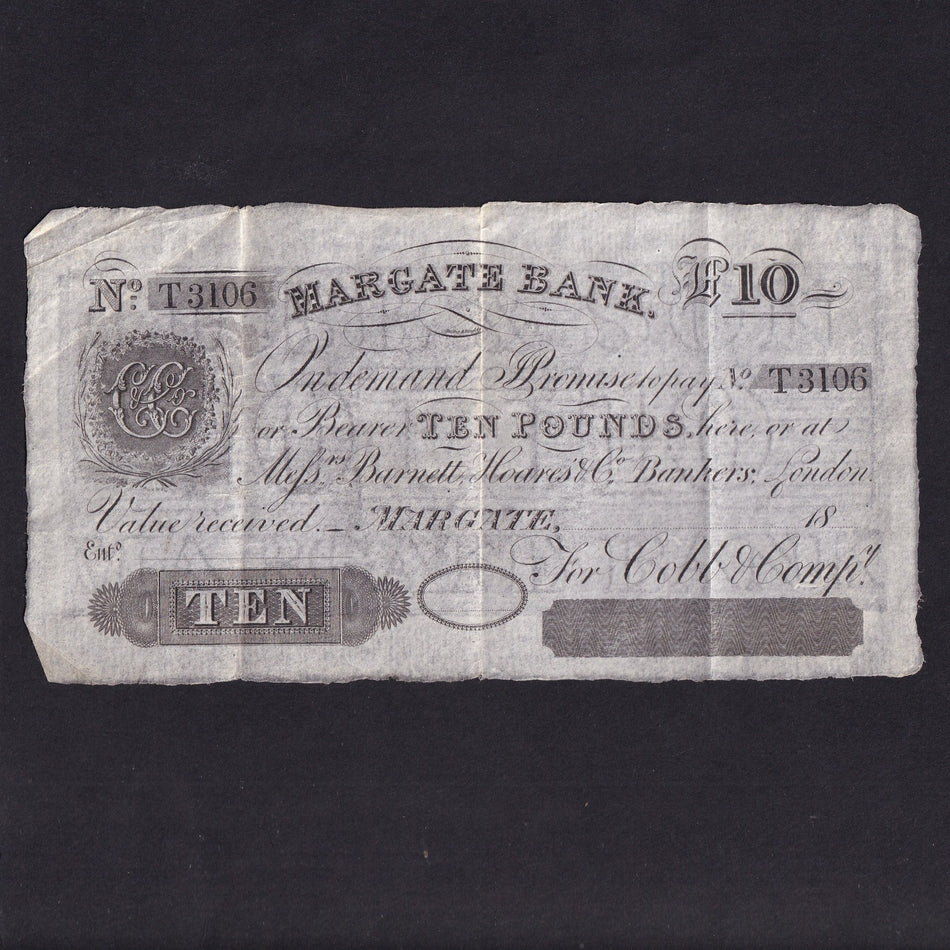 Provincial - Margate Bank, £10, 18xx, unissued, for Cobb & Company, Outing 1389g, VF