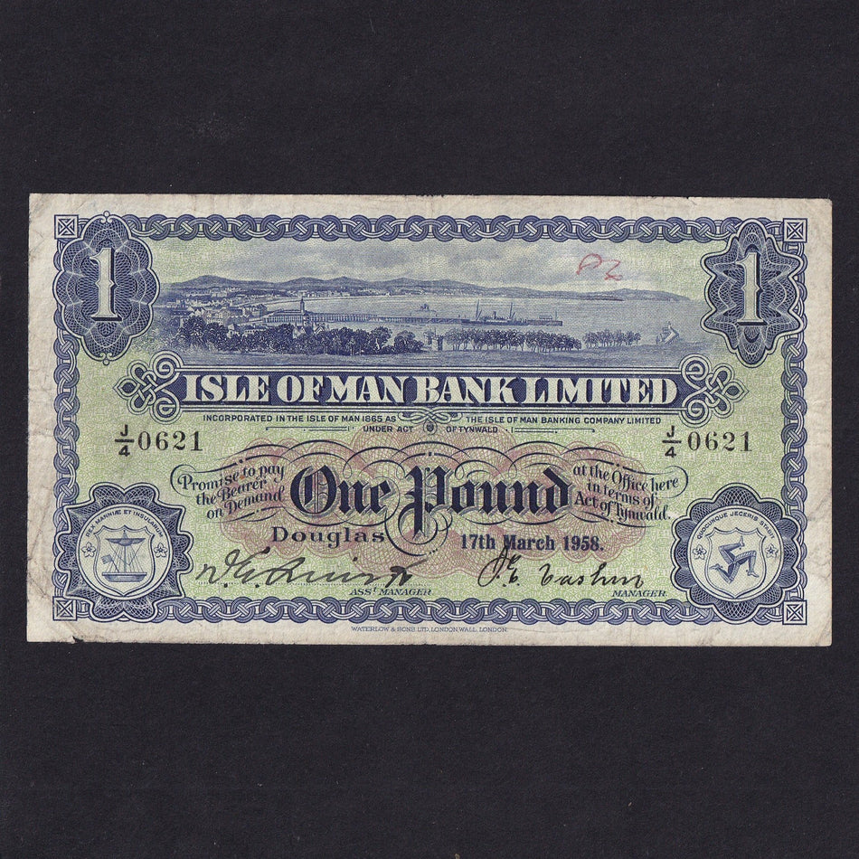 Isle of Man (P.6d) IOM Bank Limited, £1, 17th March 1958, J/4 0621, M283, biro, Fine