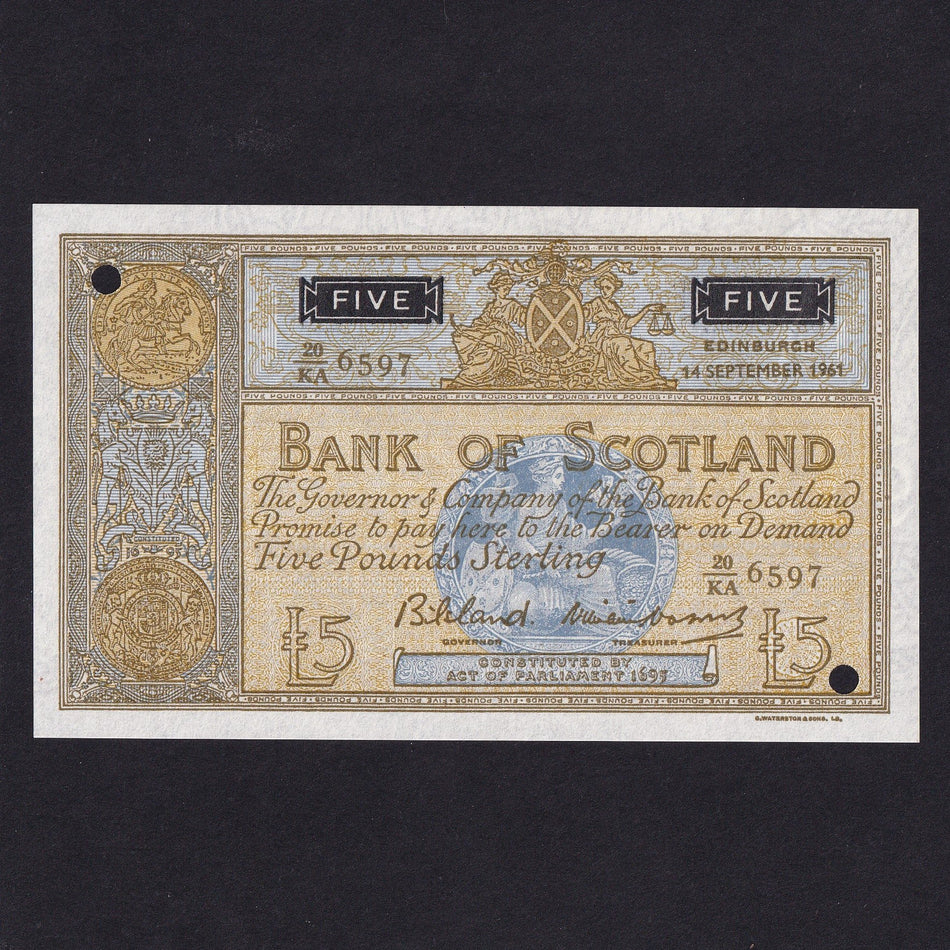 Scotland, Bank of Scotland, £5 specimen, Bilsland/ Watson, 20KA/ 6597, specimen prefix KA not issued, BA106aS, hole punched, UNC