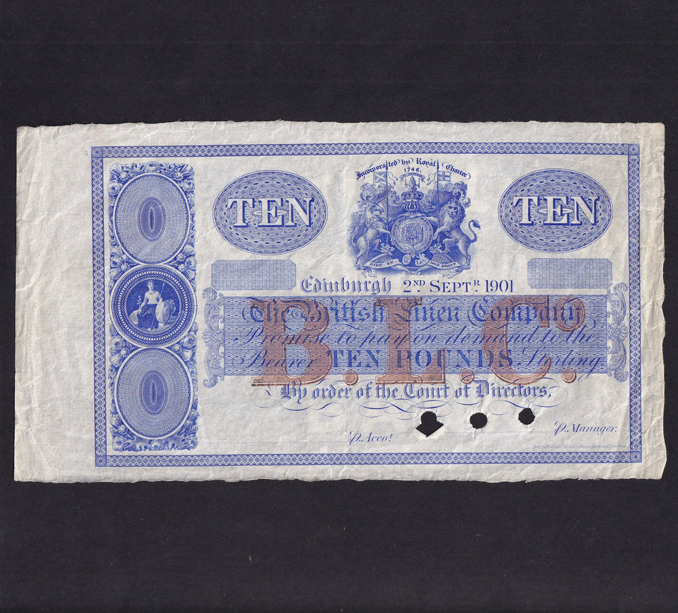 Scotland PMS BL 46bs (P172s) British Linen Company, £10 specimen, 2nd September 1901, no serial number, three cancellation holes, Good VF and rare