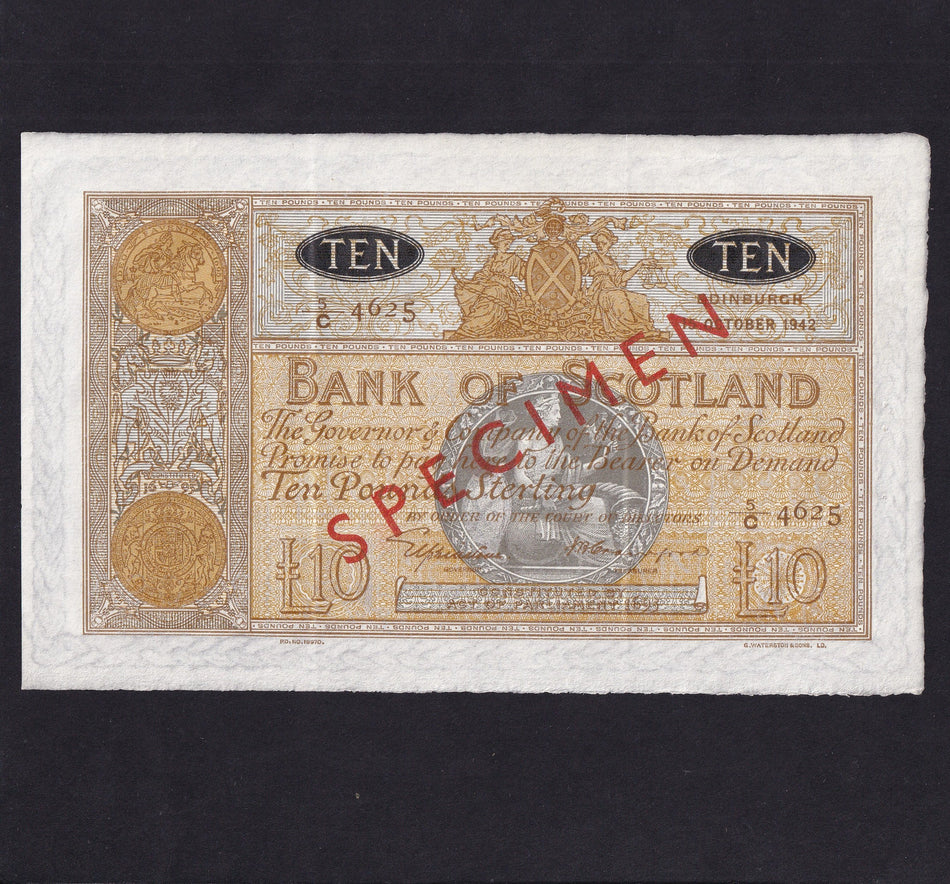 Scotland PMS Ba108s BOS £10 specimen, 15th October 1942, 5/C 4625, Elphinstone/ Crawford signatures, red SPECIMEN overprint, staple holes at right, the usual two folds, EF and incredibly rare, with only five specimens produced for this issue PMS BA10