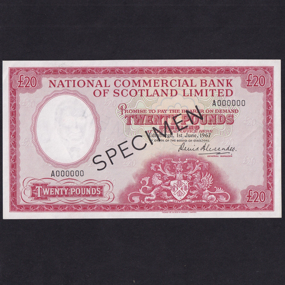 Scotland, National Commercial Bank of Scotland, £20 specimen, 1st June 1967, A000000, Alexander signature, black SPECIMEN overprint, light handling, overall UNC and very rare, with less than 30 issued examples extant, the rest having been destroyed