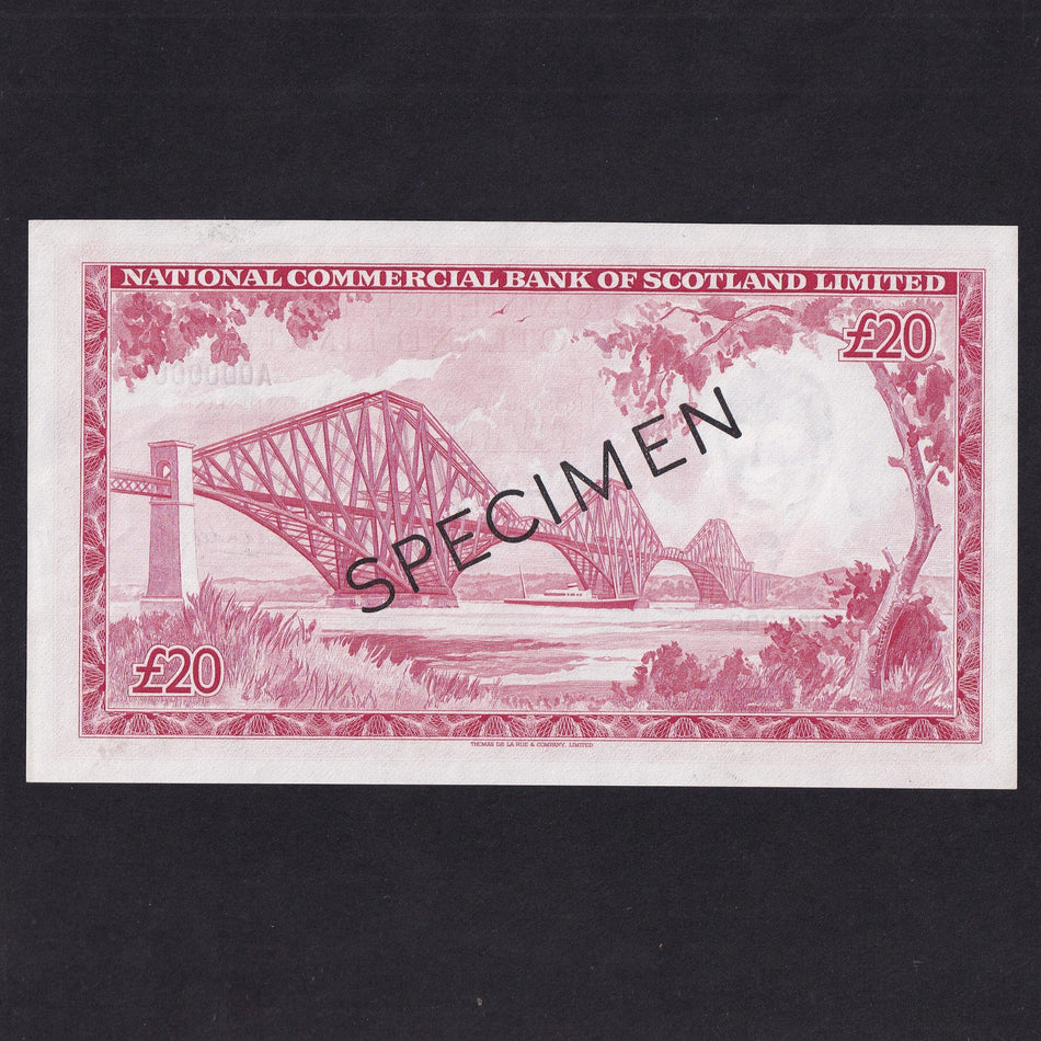 Scotland, National Commercial Bank of Scotland, £20 specimen, 1st June 1967, A000000, Alexander signature, black SPECIMEN overprint, light handling, overall UNC and very rare, with less than 30 issued examples extant, the rest having been destroyed