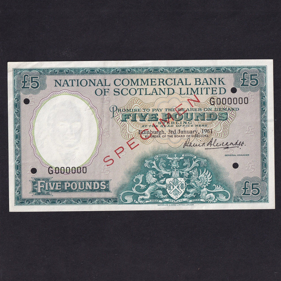 Scotland (P270s) National Bank of Scotland, £5 specimen, 3rd January 1961, serial number G000000, Alexander signature, red SPECIMEN overprint, four small cancellation holes, purple handstamp on reverse, EF and rare