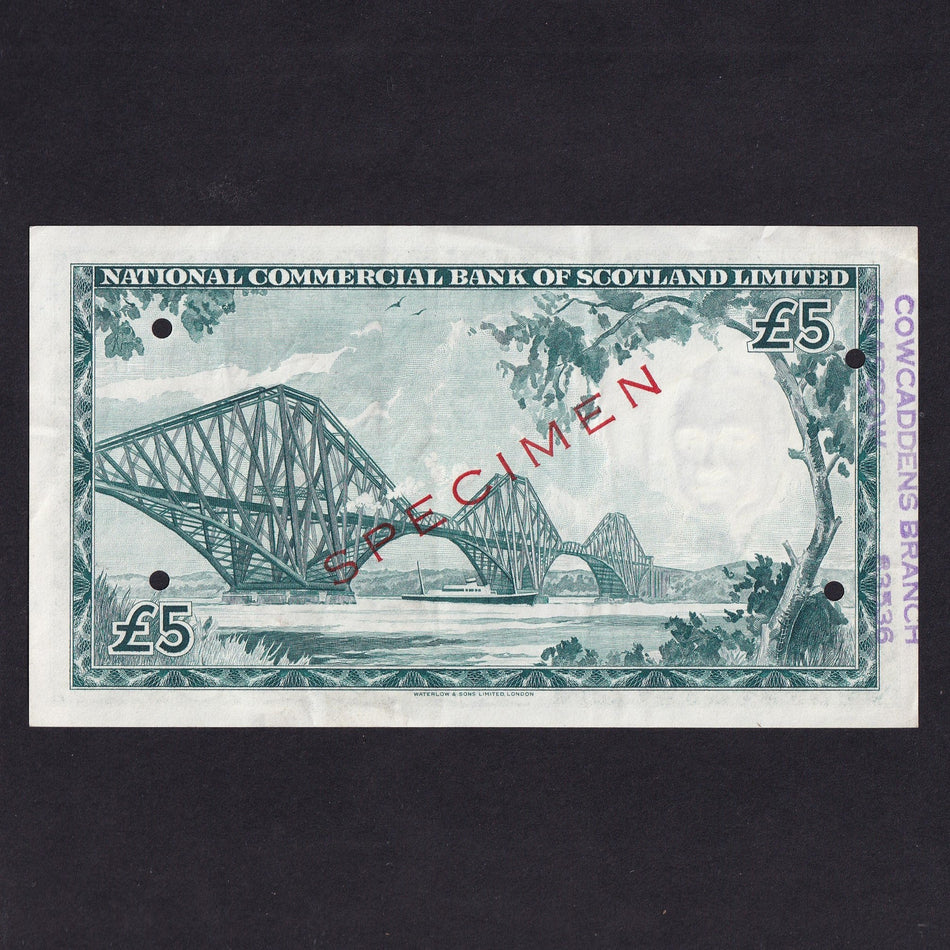 Scotland (P270s) National Bank of Scotland, £5 specimen, 3rd January 1961, serial number G000000, Alexander signature, red SPECIMEN overprint, four small cancellation holes, purple handstamp on reverse, EF and rare