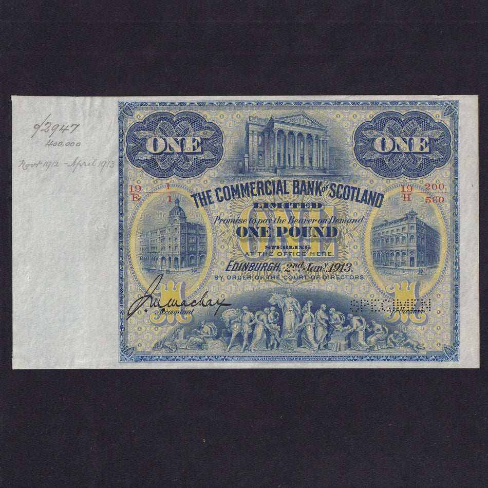 Scotland (PS323s) Commercial Bank of Scotland Limited, printers archival specimen £1, 2nd January 1913, serial number range 19/E 1/1 to 19/H 200/500,