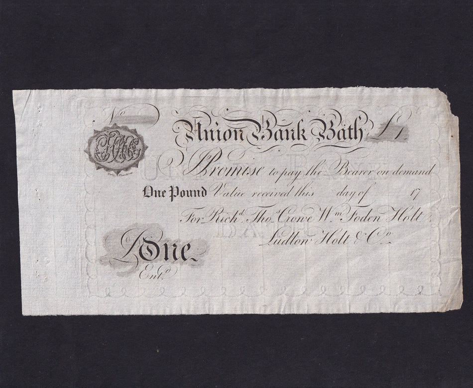 Provincial - Union Bank Bath, £1, 17xx, for Crowe, Foden, Holt etc., Outing 1922a, Good Fine