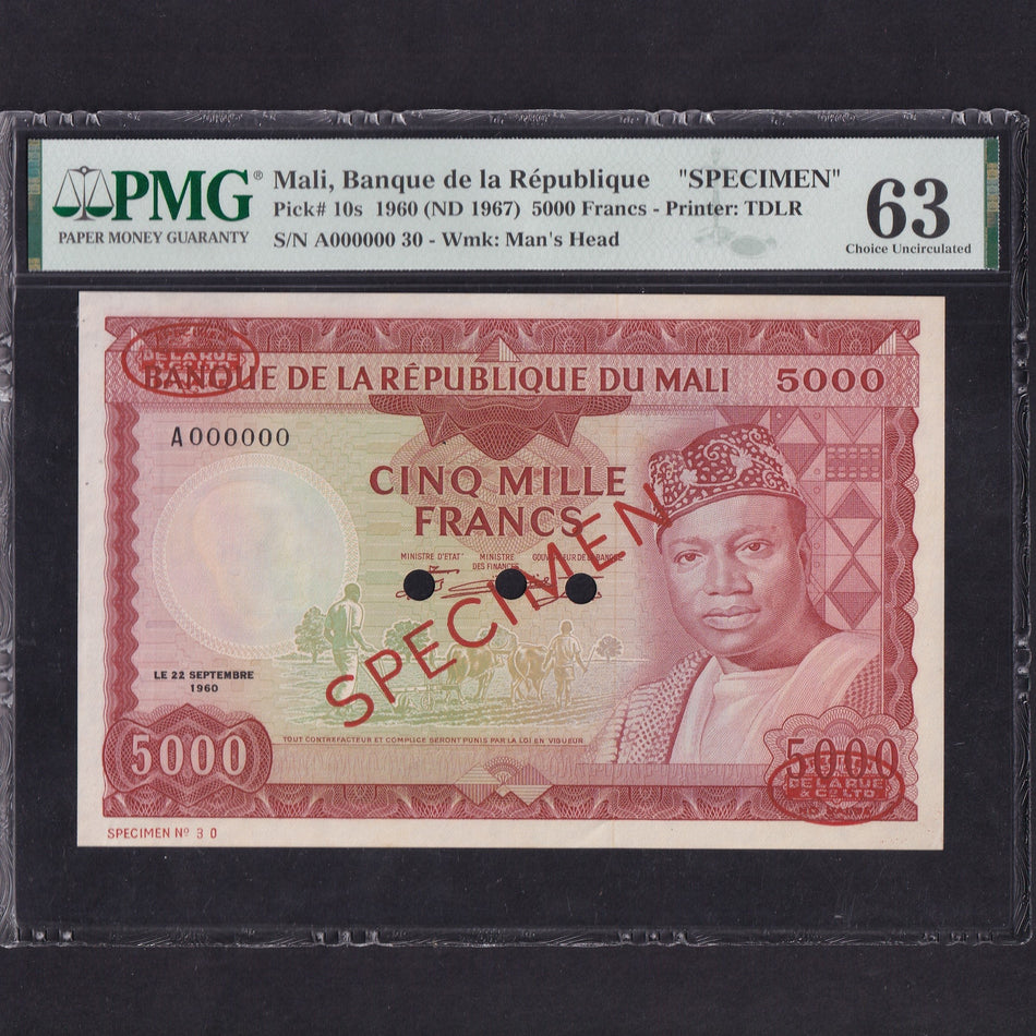 Mali (P10s) 5000 Francs specimen, 1960 (ND 1967), A000000, PMG63, UNC