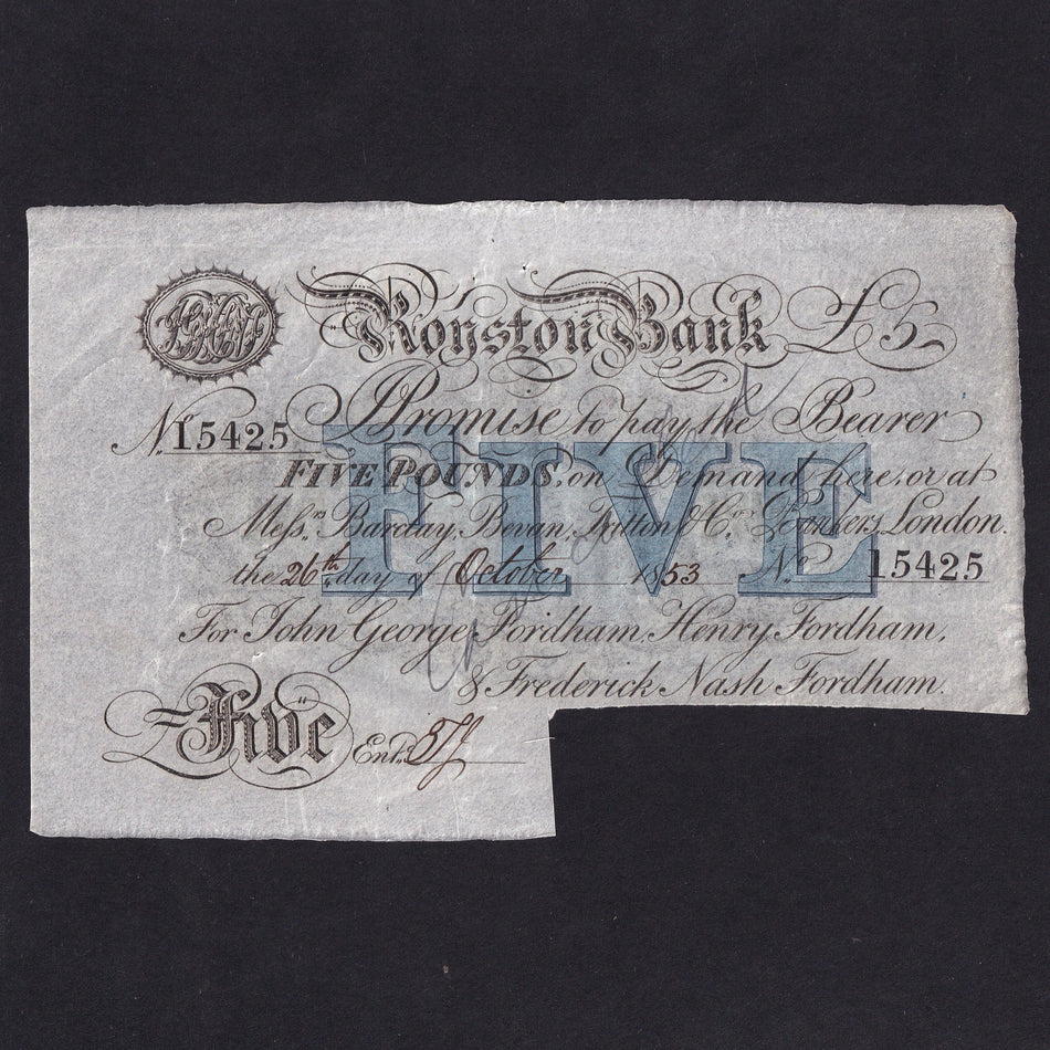 Provincial - Royston Bank, £5, 1853, for Fordham, Fordham, Nash, cut cancelled, outing 1835d, Good VF