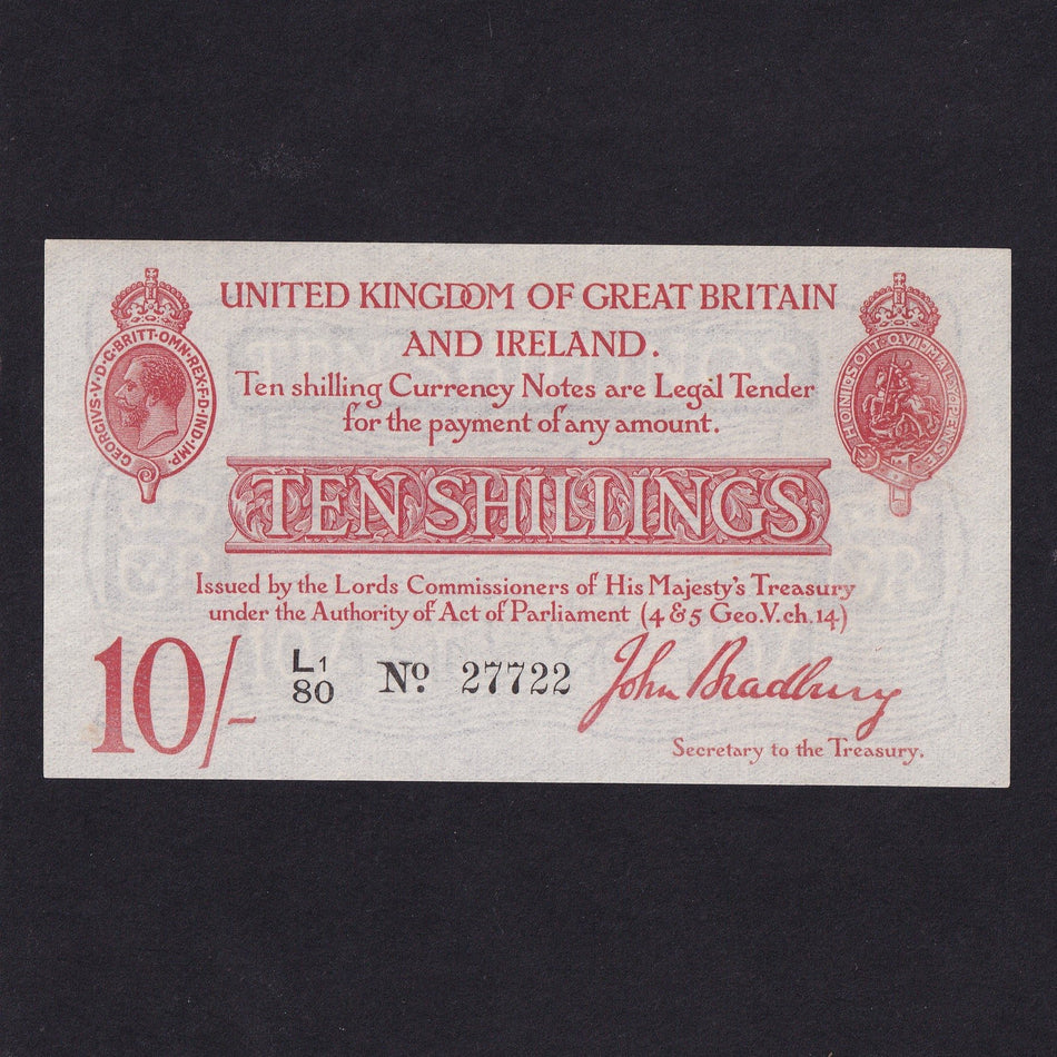 Treasury Series (T12 type 2) Bradbury, 10 Shillings, 2nd issue, De La Rue, L180 27722, expertly pressed, otherwise Good VF