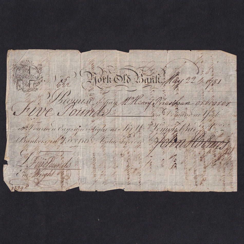 Provincial - York Old Bank, £5, 1781, pay or bearer, John Holmes, Outing 2453a, VG