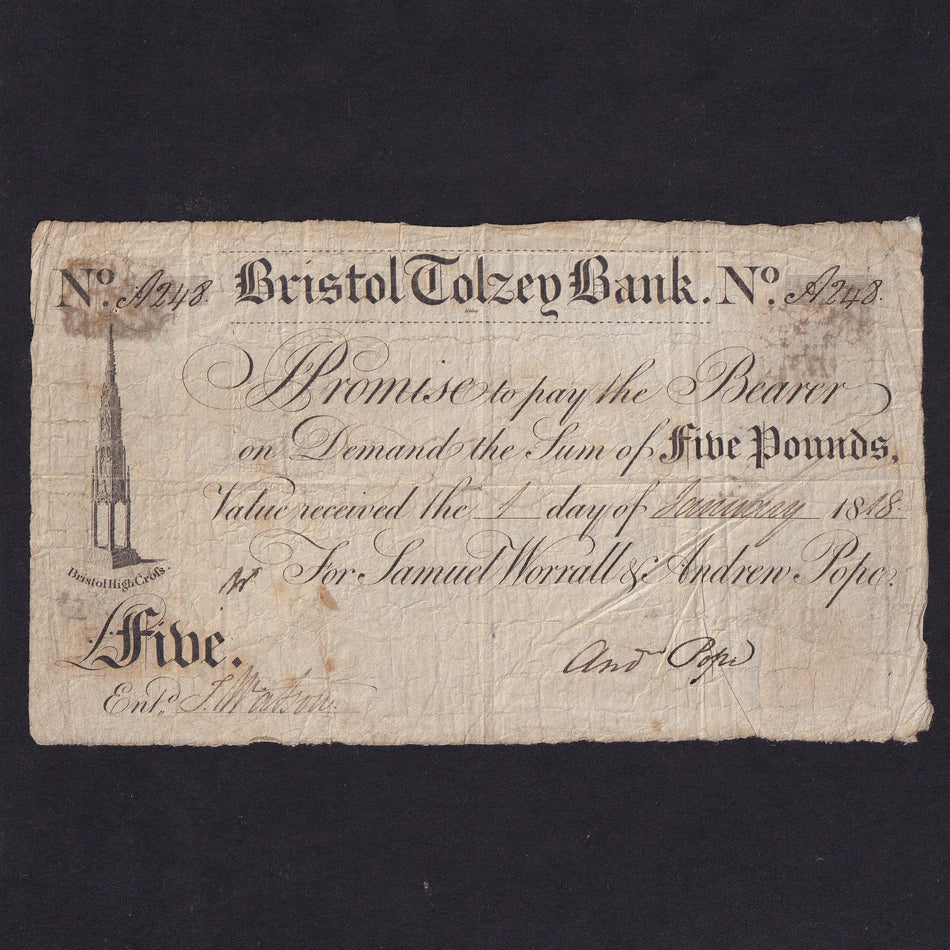 Provincial - Bristol Tolzey Bank, £5, 1818, for Worrall &amp; Pope, Outing 325g, mount marks, VG/Fine