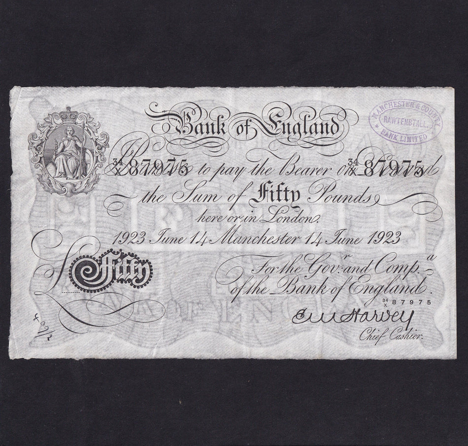 Bank of England (B209e) Harvey, £50, Manchester branch, 14th June 1923, handstamp, ink notations, VF & rare- only 14 recorded