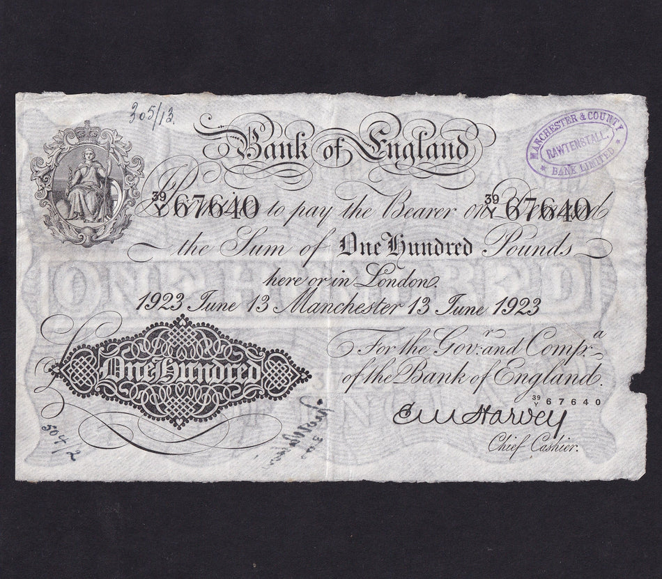 Bank of England (B209e) Harvey, £100, Manchester branch, 13th June 1933, handstamp, ink notations, VF and; rare- only 12 recorded