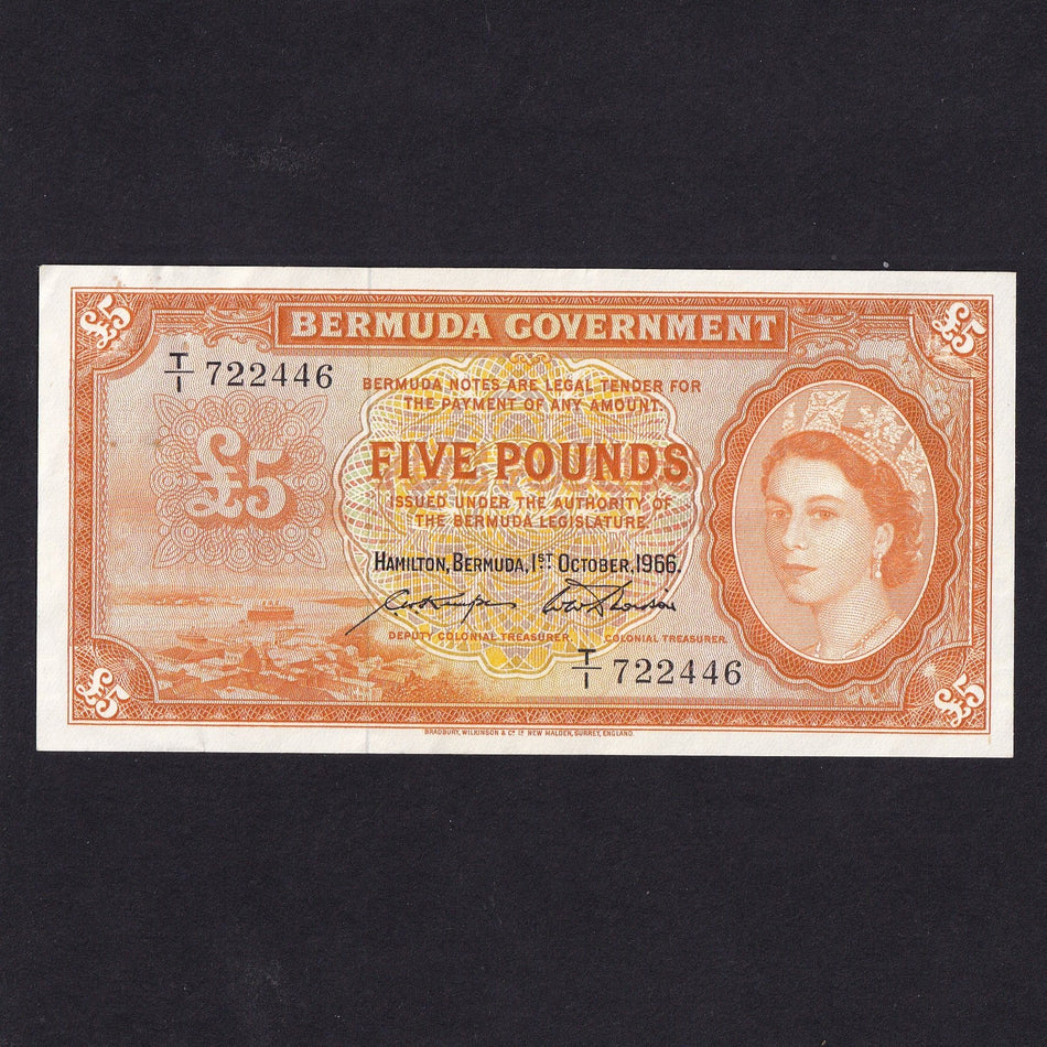 Bermuda (P21d) £5, 1966, T/1 722446, paperclip indent with rust, otherwise About Good EF