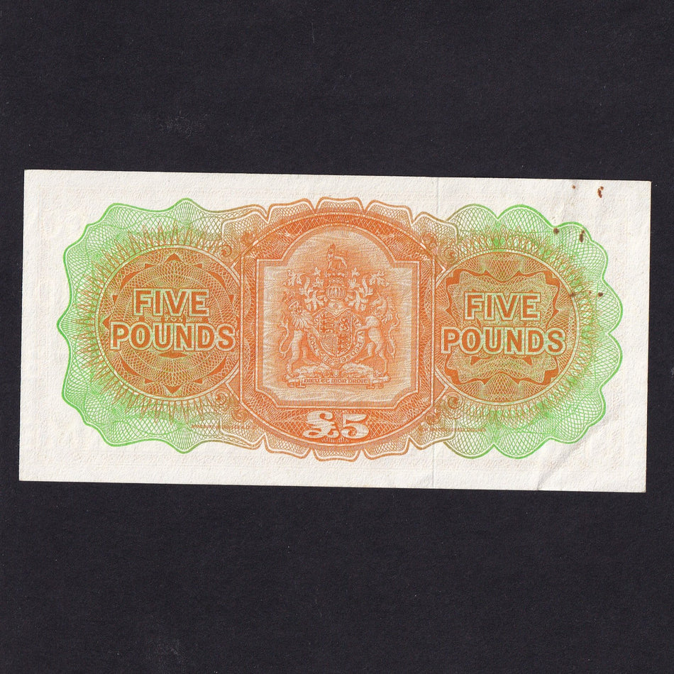 Bermuda (P21d) £5, 1966, T/1 722446, paperclip indent with rust, otherwise About Good EF