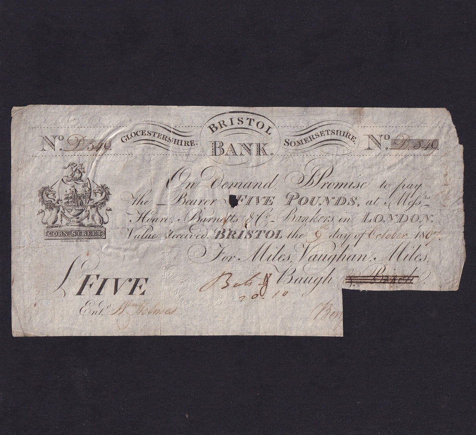 Provincial - Bristol Bank, £5, 1807, for Miles, Vaughn, Miles, Baugh, Outing 305b, hole, Good Fine