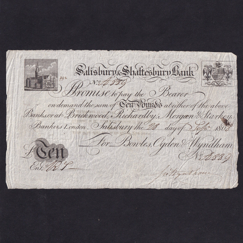 Provincial - Salisbury & Shaftesbury Bank, £10, 1808, Salisbury branch, for Bowles, Ogden & Wyndham, Outing 1885c, VF