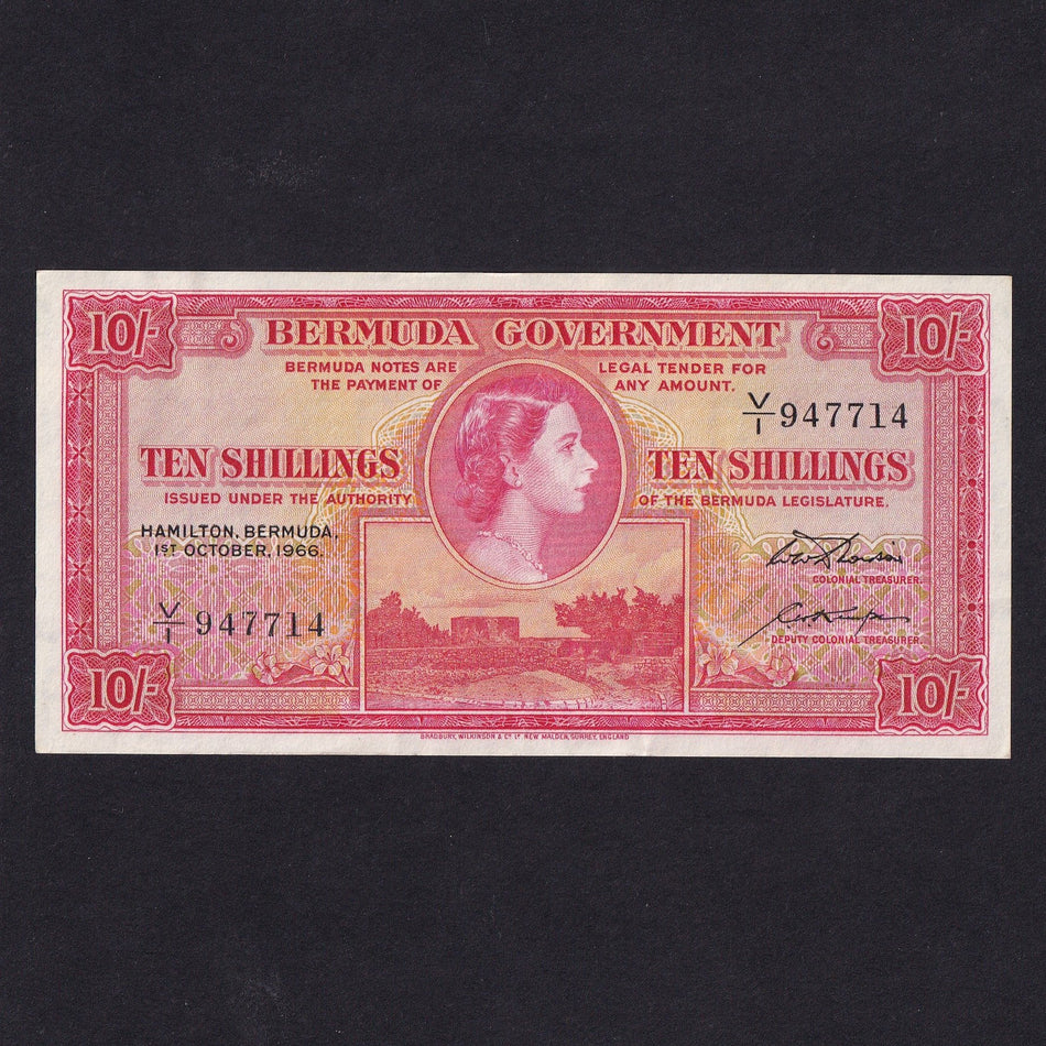 Bermuda (P19d) 10 Shillings, 1966, V/1 947714, QEII, paperclip indent, About Good EF