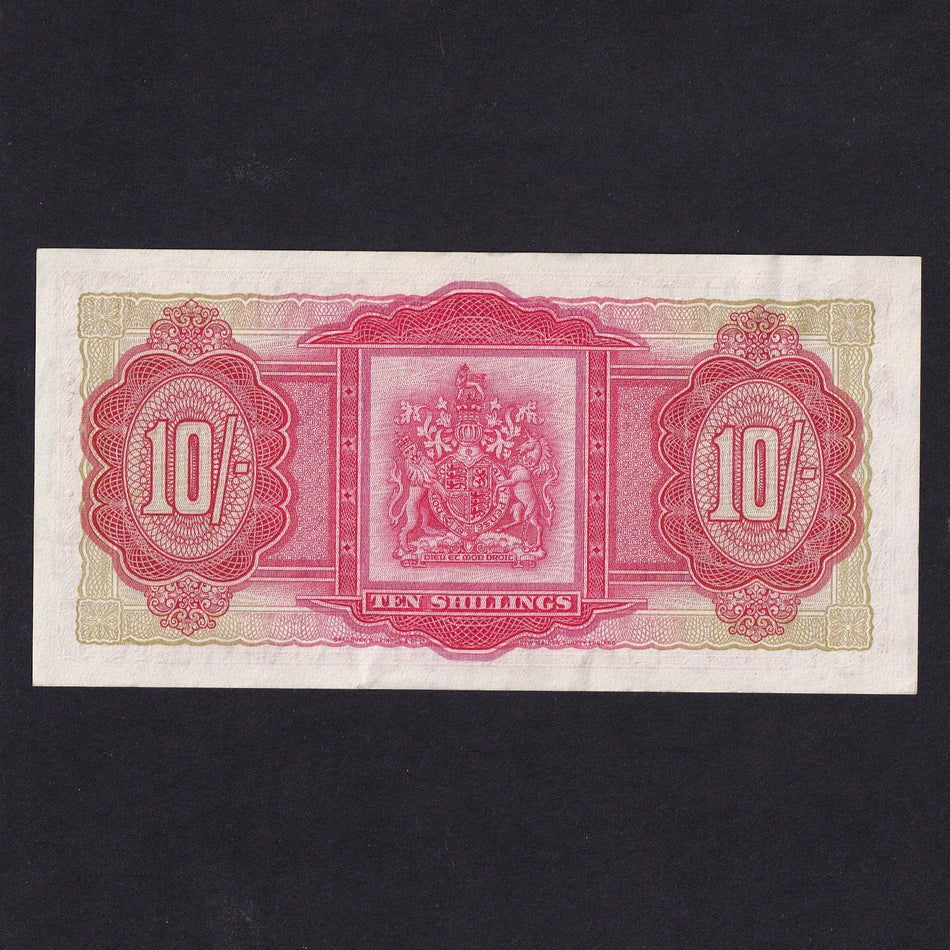 Bermuda (P19d) 10 Shillings, 1966, V/1 947714, QEII, paperclip indent, About Good EF