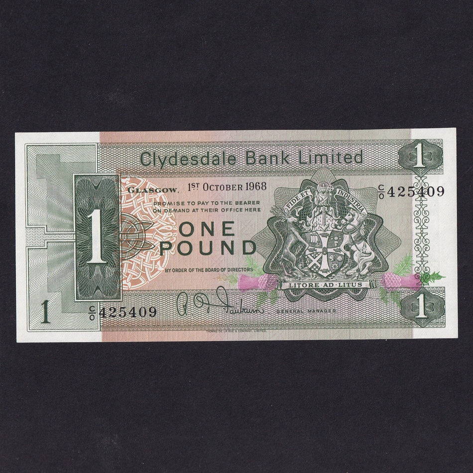 Scotland (P202) Clydesdale Bank, £1, 1968, C/O 425409, magnetic sorting codes, Good EF