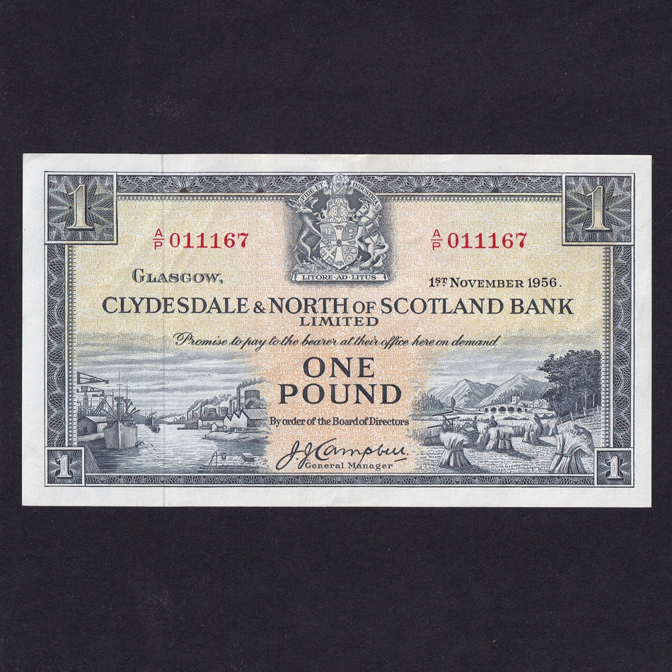 Scotland (P191b) Clydesdale & North of Scotland Bank, £1, 1st November 1956, A/P 011167, Campbell, PMS CL24b, Good VF