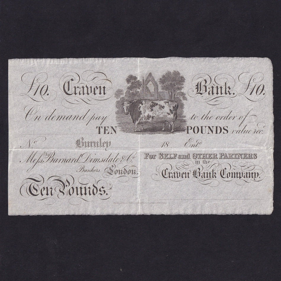 Provincial - Craven Bank, £10, 18xx, Burnley, unissued, Outing 366a, VF