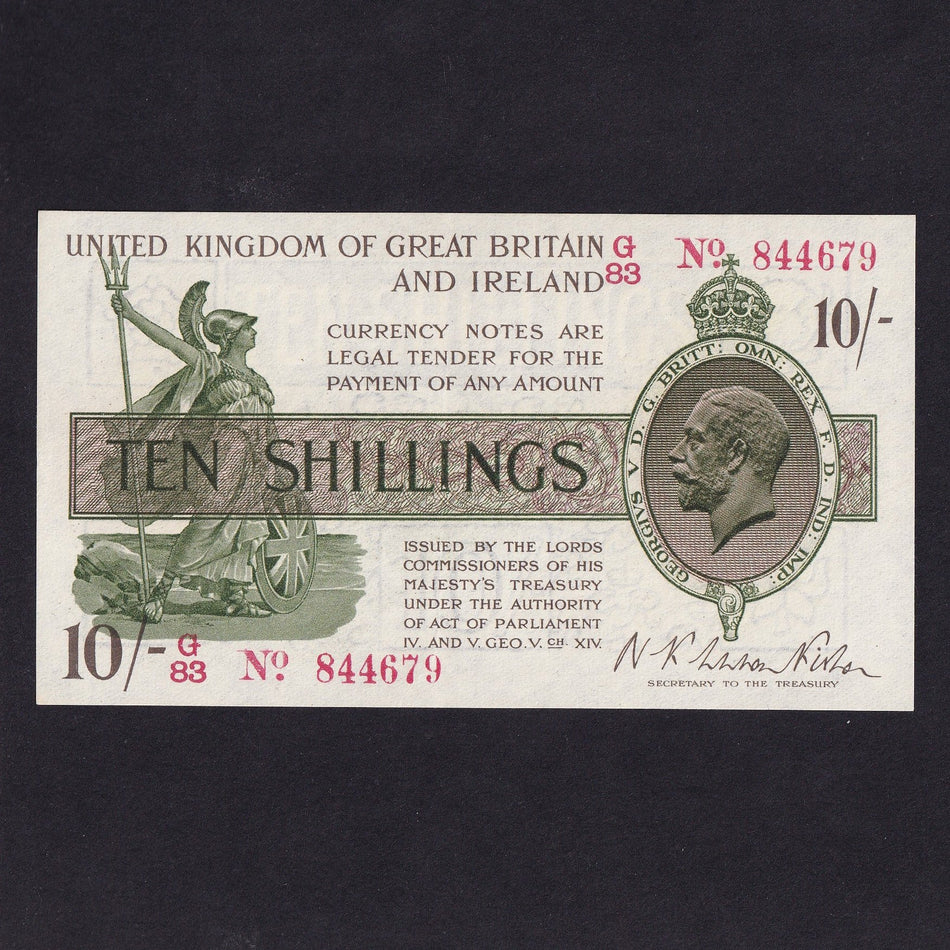 Treasury Series (T25) Fisher, 10 Shillings, red dot, G83 844679, note measures 177mm x 77mm, expertly pressed, Good VF