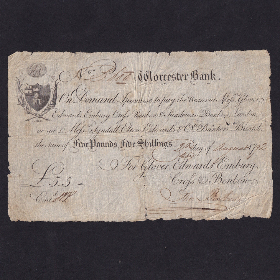 Provincial - Worcester Bank, 5 Guineas, 1792, for Glover, Edwards, Embury, Cross & Benbow, outing 2421a, VG