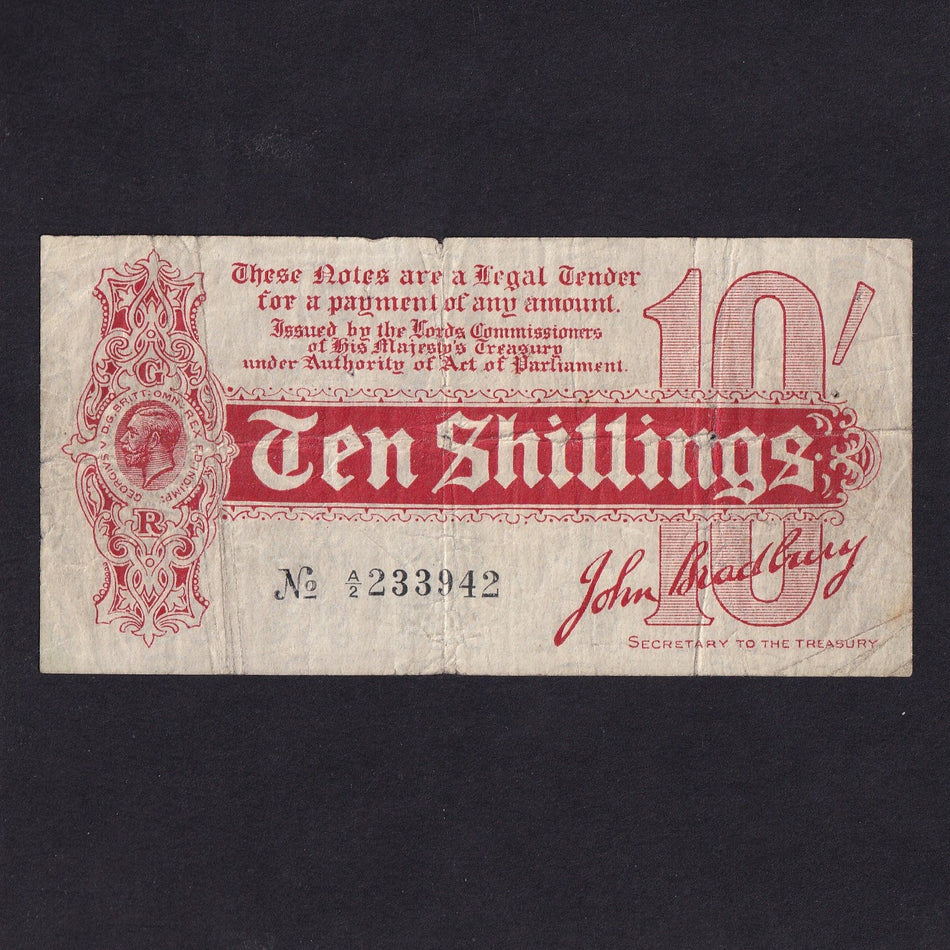 Treasury Series (T.9) Bradbury, 10 Shillings, 1st issue, A/2 233942, VG