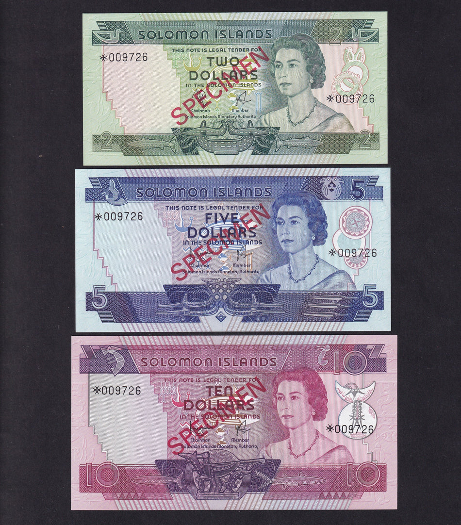 Solomon Islands (PCS1) collector's series $2-$10 specimen set, Monetary Authority, no.009726, UNC